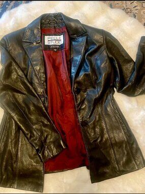 Black Leather Jacket with Red Lining — Size M— Sleek Moto Style